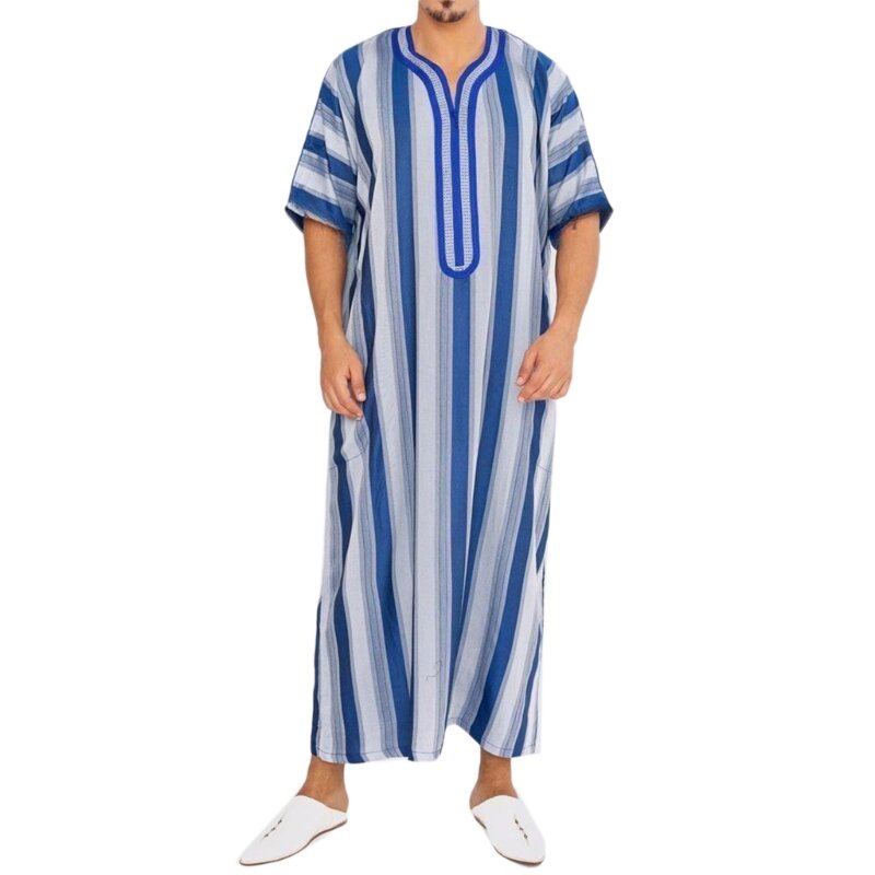 Männer Kurzarm gestreifte Robe muslimischen Kleid Nahost Jubba Thobe Saudi Arab Kaftan Kaftane traditionelle muslimische Kleidung