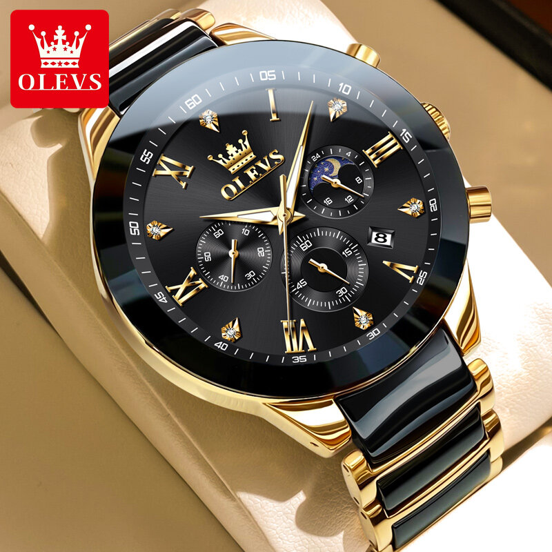 OLEVS-Relógio de quartzo masculino, cronógrafo fase da lua, bracelete de cerâmica, impermeável, luminoso, moda luxuosa, novo