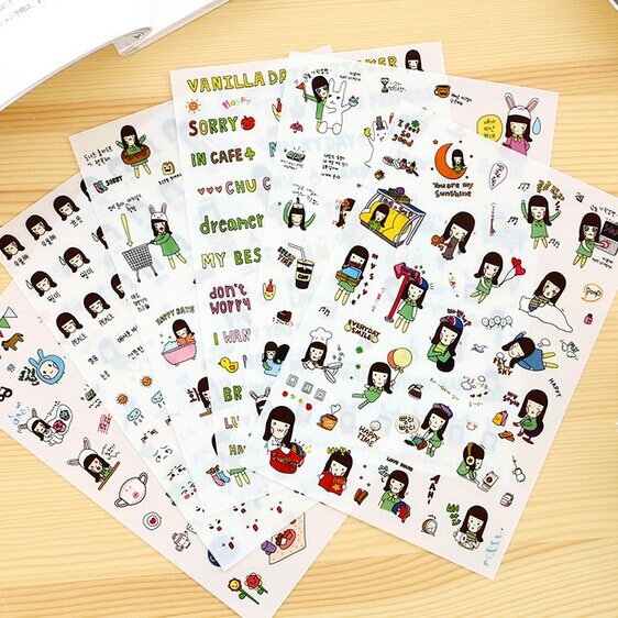 패션 만화 소녀 시리즈 일기 스티커 라벨 스크랩북 문구 스티커, 팩당 6 개