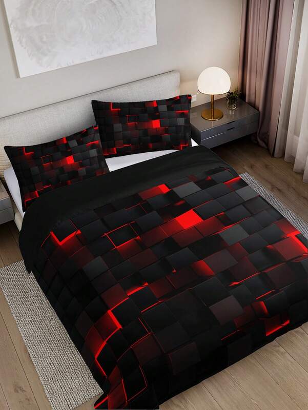 Set penutup selimut Grid merah gaya Teknologi termasuk 1 sarung selimut dan 2 sarung bantal cocok untuk penggunaan rumah dan asrama