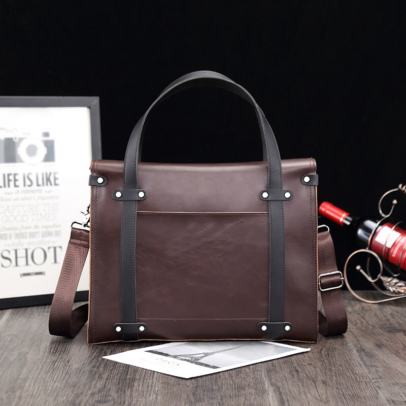 Large capacity vintage business fashion one-shoulder diagonal crossover PU leather briefcase