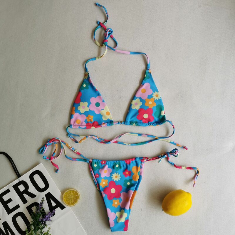 Bikini brasileño con Tanga para mujer, traje de baño de dos piezas con Tanga, color negro, color amarillo, 2024