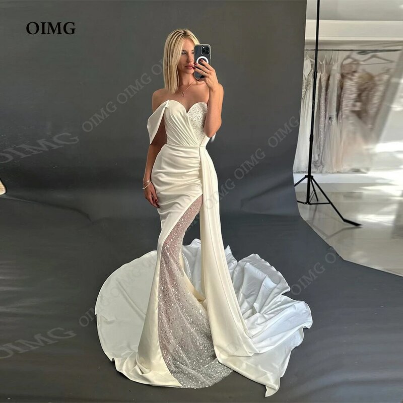 OIMG Vintage Satin Off Shoulder Wedding Dresses Gowns Sequins Mermaid Custom Formal Pricness Bride Bridal Gown Dress