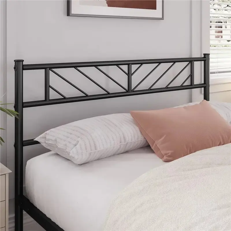 Rangka tempat tidur, sandaran Platform logam dengan desain panah, ukuran ratu, hitam, rangka tempat tidur