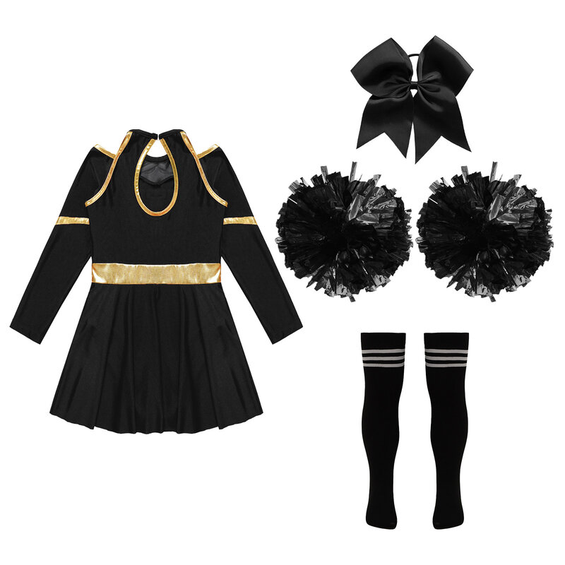Kids Girls Cheerleader Costume Halloween Cheerleading Dress with Pom Poms Bow Hair Clip Socks Birthday Party Gifts