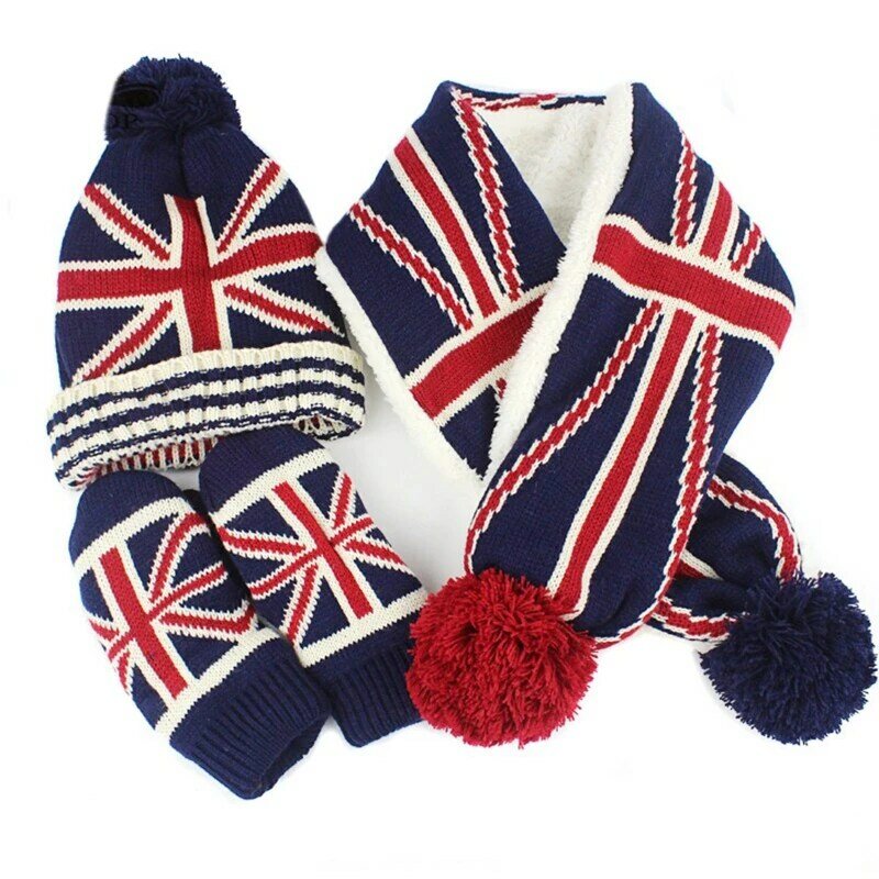 طفل أطفال 3 قطع شتاء دافئ قبعة صغيرة وشاح طويل قفازات مجموعة USA الأمريكية المملكة المتحدة البريطانية العلم محبوك الجمجمة