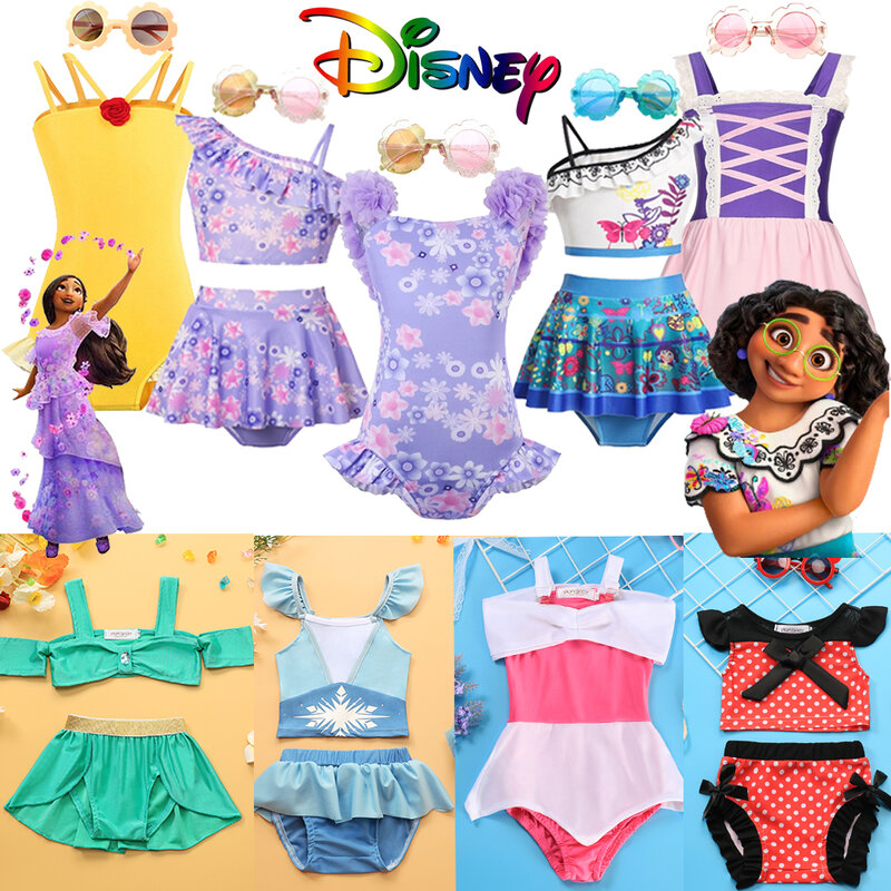 Baju renang musim panas untuk anak perempuan Encanto putri duyung Mickey Mouse gaya putri Bikini pantai pakaian renang anak + kacamata Disney
