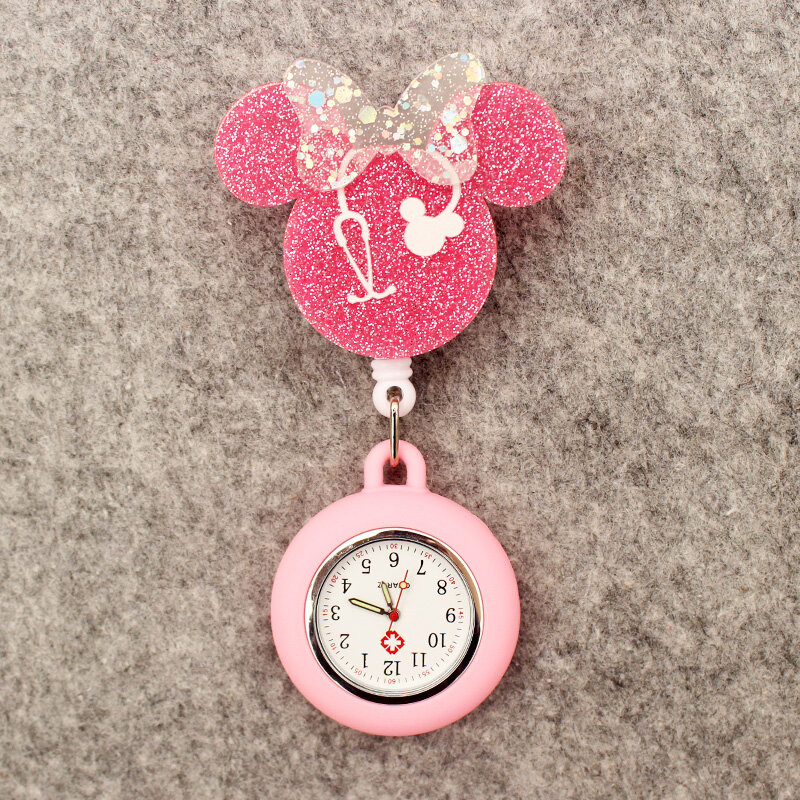 Cartoon Cute Girl Doctor Nurse Style Cute Bow Mouse Pocket Watch Retractable And With Clip For Men And Women