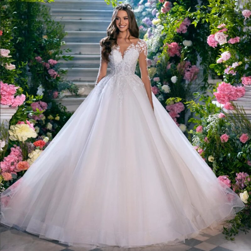 Vestidos de novia 2024 przezroczysta sukienka z okrągłym dekoltem z długim rękawem, koronkowa suknia ślubna z aplikacjami w kształcie linii suknia ślubna z tiulu, nowa suknia weselna
