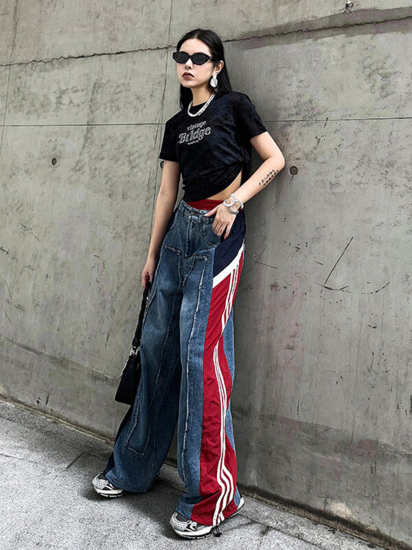 女性のワイドレッグデニムパンツ,伸縮性のある対照的な色,だぶだぶ,ハイウエスト,流行のジーンズ,レトロなストリートファッション,夏,新しい,2024