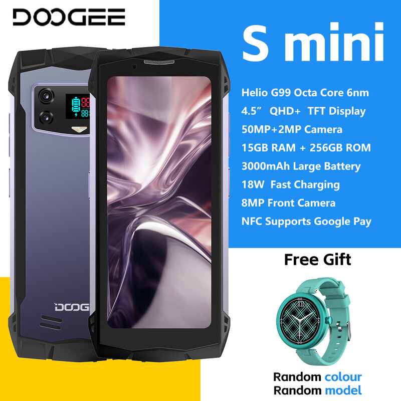 DOOGEE Smini wytrzymały telefon 4.5 "QHD wyświetlacz Helio G99 4G 50MP aparat 3000mAh 18W szybkie ładowanie 8GB + 256GB NFC telefon komórkowy z Androidem