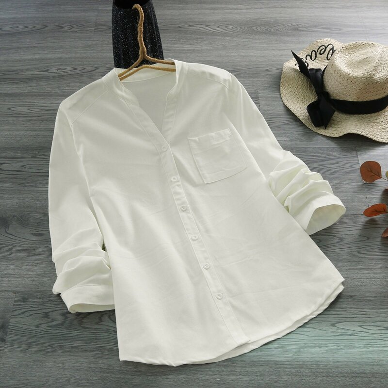 Damskie bawełniane lniane casualowe jednolite kolorowe kieszeń na guzik z długimi rękawami luźna bluzka prostoty koszule damskie rekreacyjne