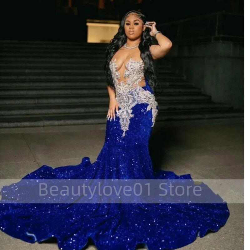 2024 Royal Blue Prom Dresses Jewel Neck paillettes con paillettes Sparkly Mermaid Lace Appliques perline di cristallo abito da sera muslimex squars