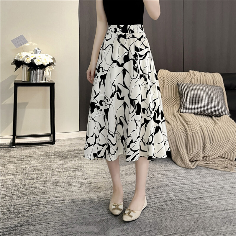 Korean Women Skirts Solid New High Waisted Pleated Female Skirt A-line Long Fashion Skirt Spring Summer 2024 Print