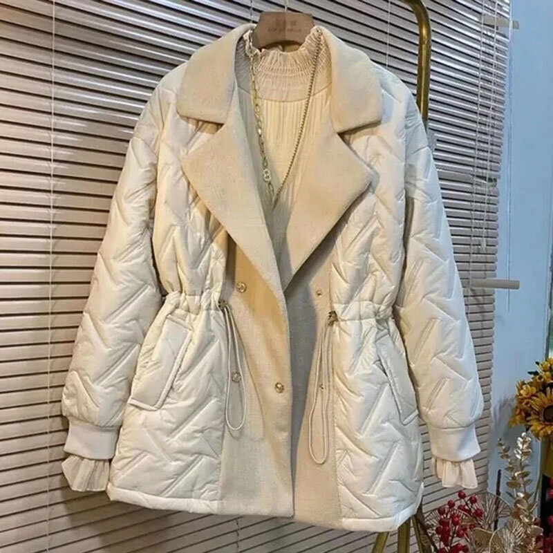 여성용 롱 파카 다운 코튼 재킷, 대형 라펠 탄성 허리 스노우 아웃웨어, 따뜻한 방수 패치워크 코트, 겨울 패션, 신상