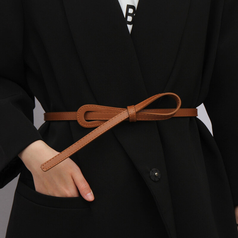 Sabuk simpul tipis untuk wanita, ikat pinggang modis tali PU panjang desainer aksesoris mantel pinggang