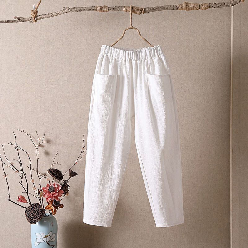 Spring Autumn Solid Color Comfortable Harem Ladies Simplicity Elastic Waist Pants Women's Clothing New Flax Pocket Trousers