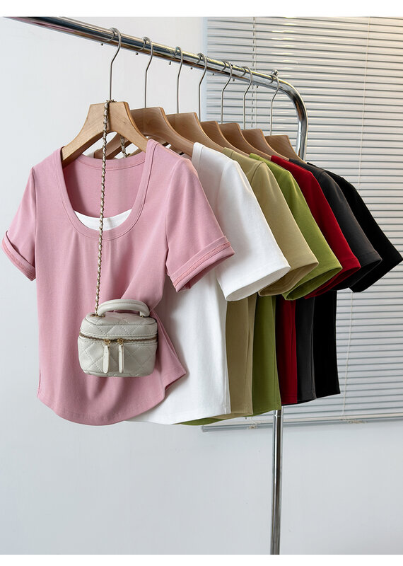 Falso duas camisetas de manga curta para mulher, cor sólida, contraste simples, top gordinho de menina, plus size, tiro real, novo, verão, 2022