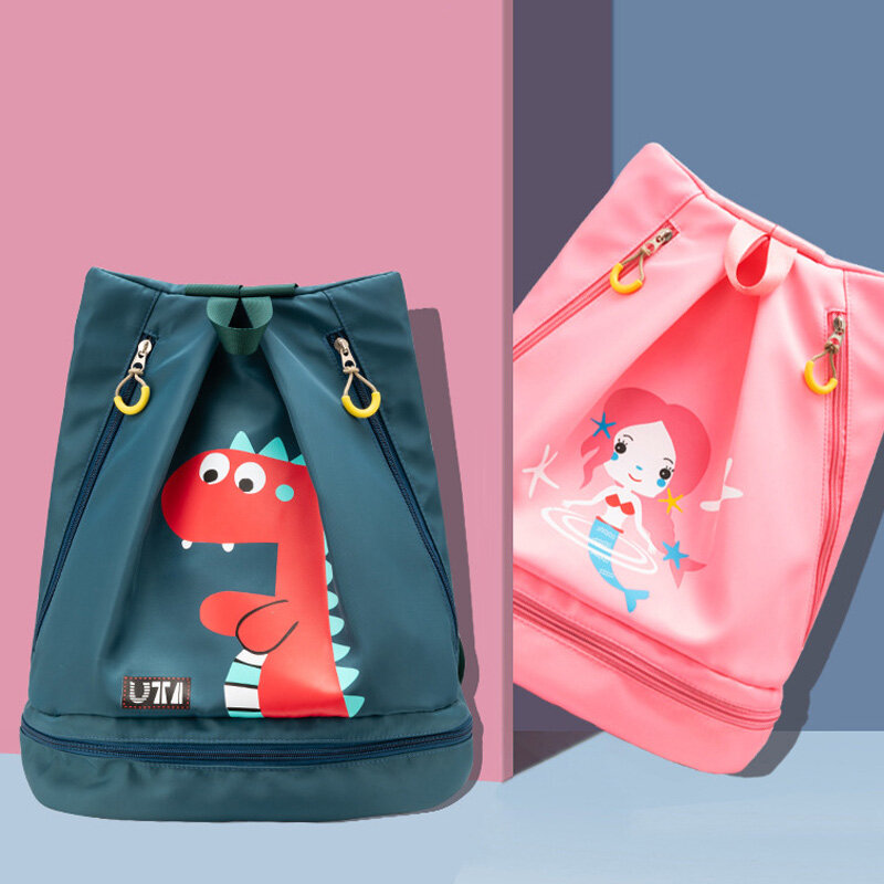 Bolsa de natación impermeable para niños, mochila de nailon con dibujos animados para la playa, bolsa de viaje húmeda y seca con zapatos independientes