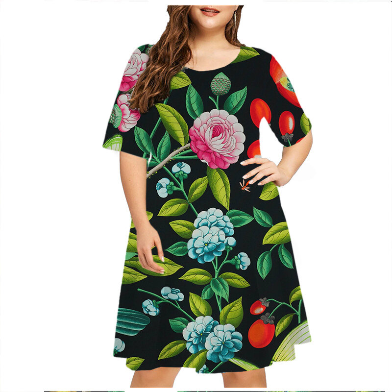 6xl große Kleider Sommer Pflanze Blumen drucken Frauen plus Größe Kleid Kurzarm lässig O-Ausschnitt Mini Sommerkleid Damen Vestidos