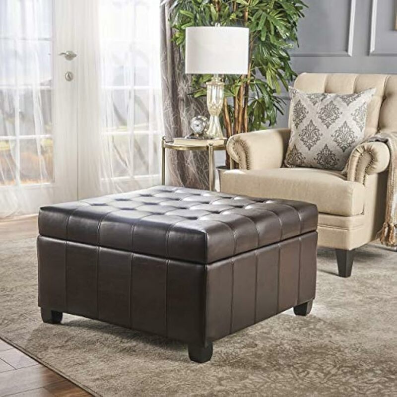 Christopher Knight Home Alexandria Bonded Leather Storage Ottoman, Marbled Brown , 31” x 31”x 18.6”