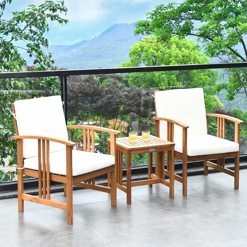 Ensemble de meubles en bois d'acacia pour jardin et arrière-cour, comprend 2 chaises et table basse rembourrées en baume, 3 pièces