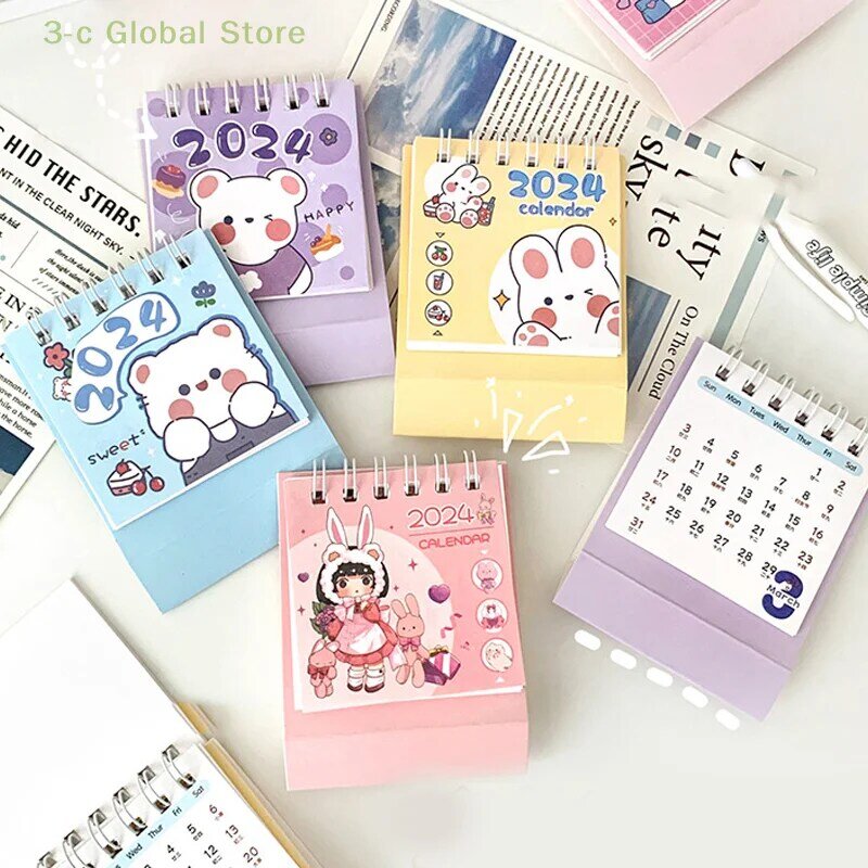 Kalender meja kecil Mini 2024, kalender portabel kartun Anime anak perempuan Tahun Baru, kalender kreatif bulanan dekorasi kantor