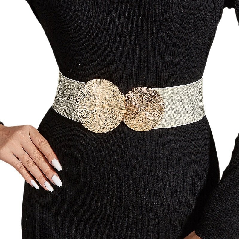 2024 baru Fashion Double bulat lebar pinggang wanita dapat disesuaikan dekoratif pinggang elastis korset Alloy Deco aksesoris