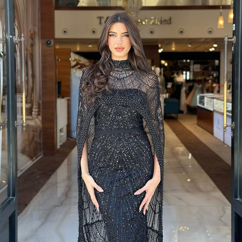 Luksusowe perły dubajskie arabskie suknie wieczorowe z peleryną 2024 syrenka długie formalne suknie na przyjęcia weselne na bal dla kobiet