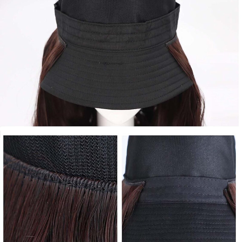 여성용 접착식 없는 모자 가발, 중간 길이, 블랙 다크 브라운, 곱슬 물결 모양 고온 실크, 데일리 파티용 패션