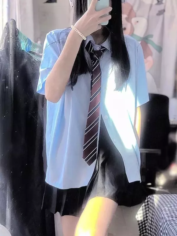 Setelan pakaian dua-potong untuk wanita, kemeja seragam wanita rapi cocok untuk semua, Rok lipit atasan dasar buatan Jepang, desain sekolah