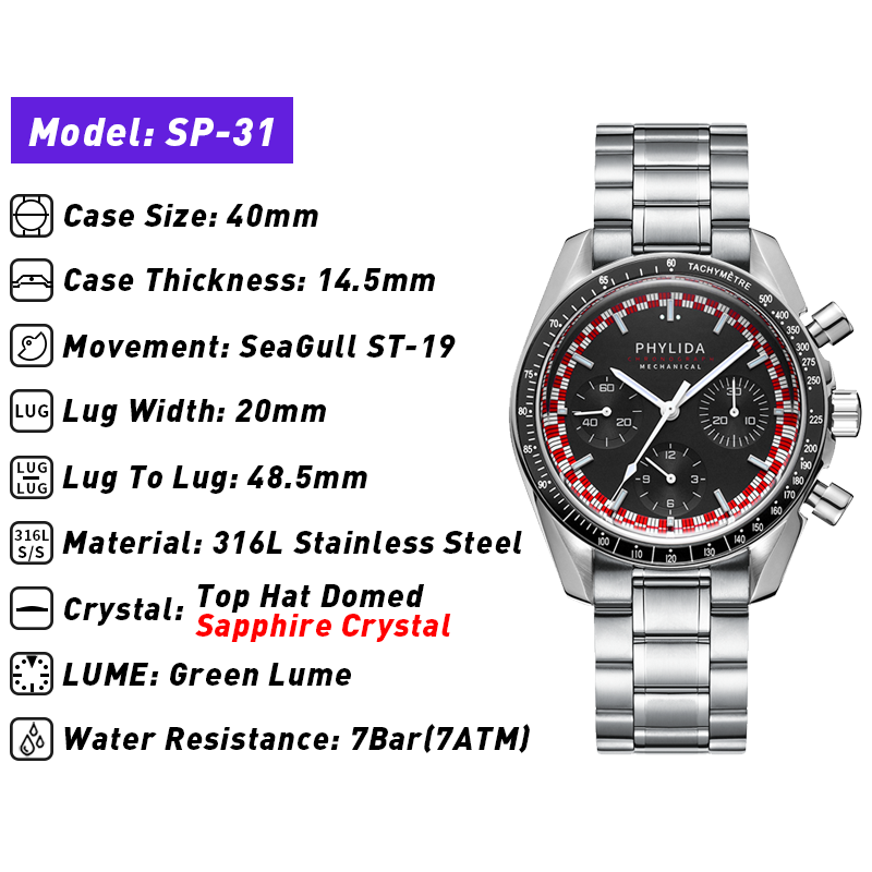PHYLIDA-40mm 남성용 시계 ST19 기계식 크로노 그래프 손목 시계, 핸드 와인딩 탑 햇, 사파이어 크리스탈 스피디 한정판