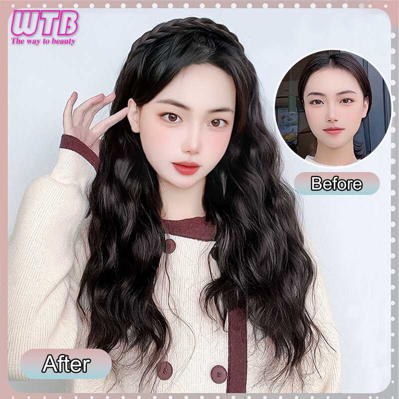 WTB peluca rizada larga sintética, cabello largo femenino, diadema trenzada juguetona, Media cabeza, extensión Natural