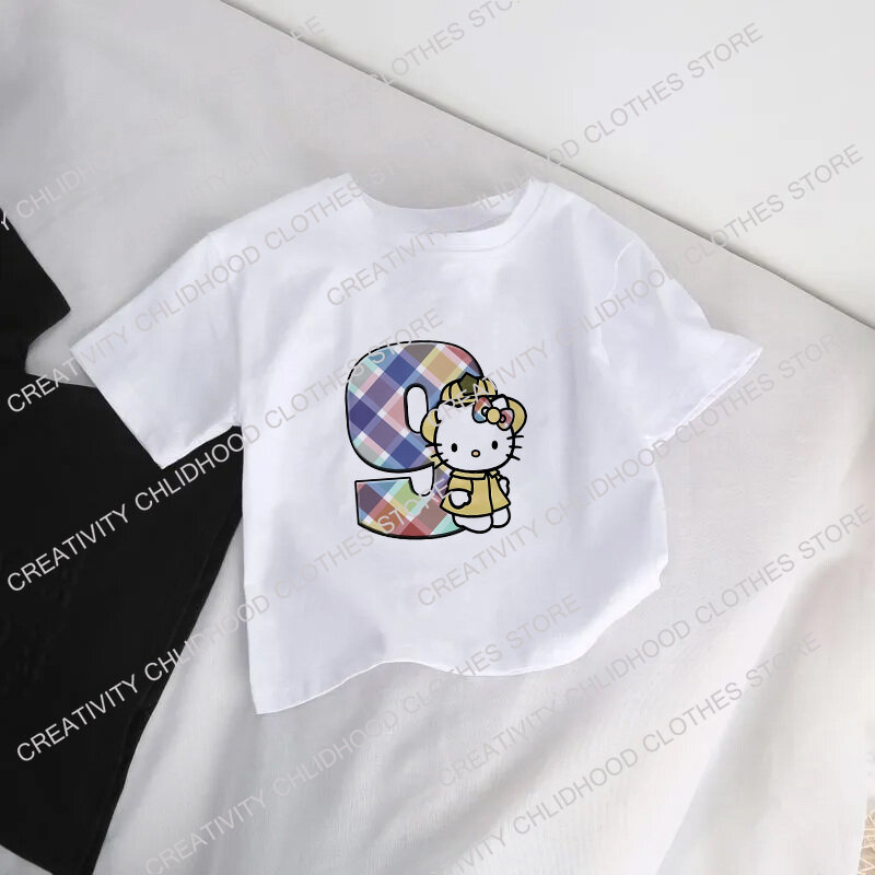 HelloKittys-Camiseta con número 123456789 para niños, ropa informal Kawaii con dibujos animados de Anime, Tops para niños y niñas