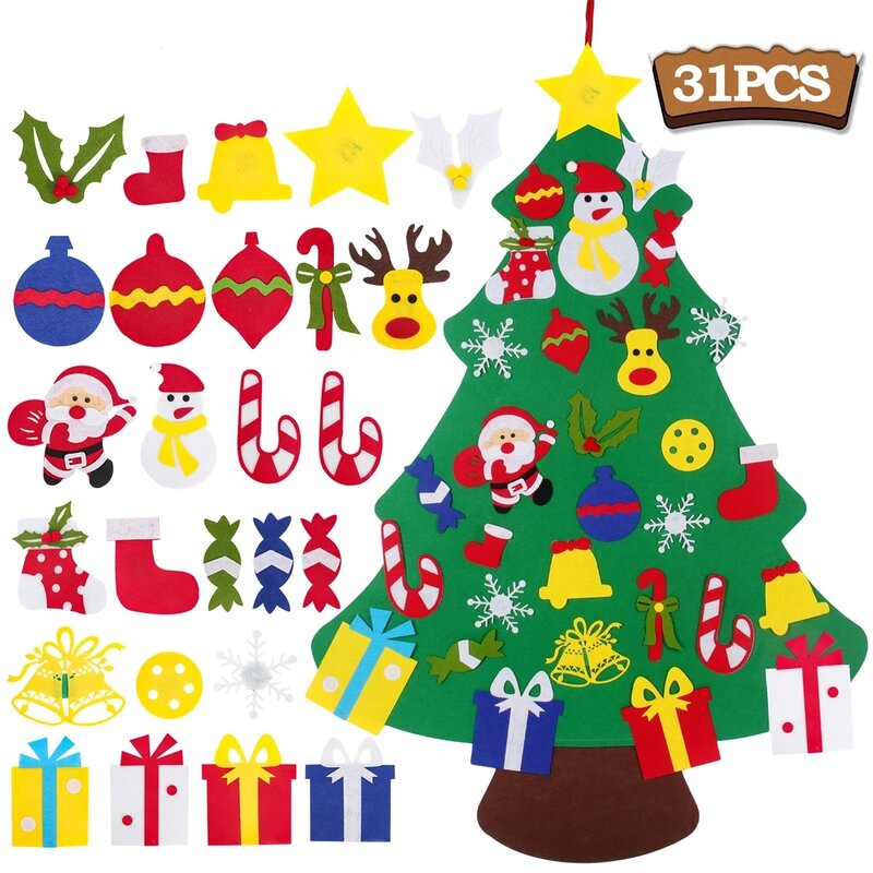 Árbol de Navidad de fieltro para niños, decoración navideña para el hogar, 2021 Adornos de árbol de Navidad, Santa Claus, regalos de Año Nuevo
