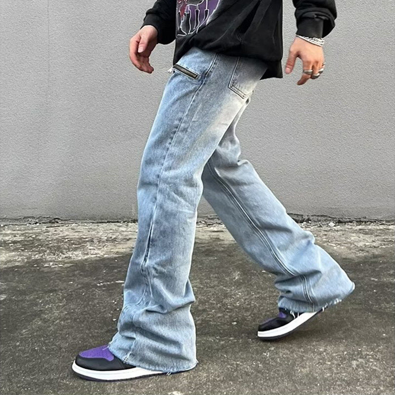 Celana jins pria, Y2K Fashion ritsleting Retro dicuci longgar Flare Jeans Pria Streetwear Hip Hop kaki lebar celana Denim lurus Ropa Hombre 2023