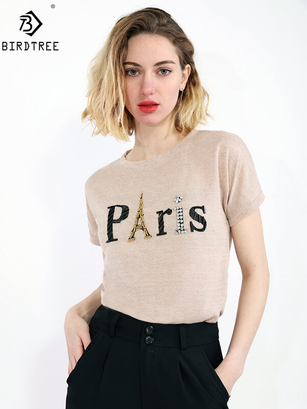 Ins แขนสั้นปารีส Eiffel Tower ลูกปัด Tshirt ฤดูร้อนใหม่ผู้หญิง Shinny ฝ้าย O คอหลวมๆสบายๆหญิงเสื้อ Tees t13115X