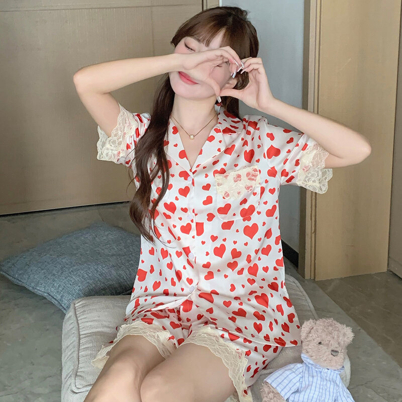 Fashion Lapel Pajamas Loungewear Women Summer Lace Hem Short Sleeved Shirt Shorts Two Piece Home Wear Sleepwear Satin Nightwear
