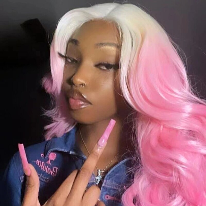 Blond do różowego Ombre różowa peruka falowane syntetyczne ciała koronkowa peruka na przód naturalne długie włosy z włókna ciepłowniczego Cosplay do makijażu kobiet