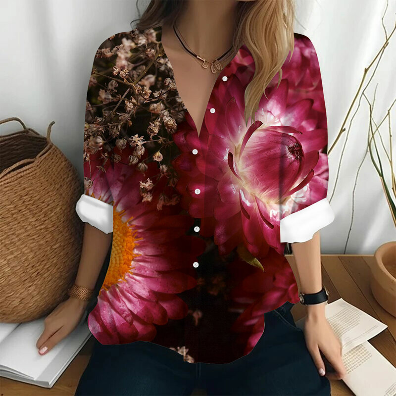 2024 Letnie koszule i bluzki damskie Vintage Koszule z nadrukiem kwiatowym Damska koszulka z długim rękawem i guzikami Plus-Size Damska koszula