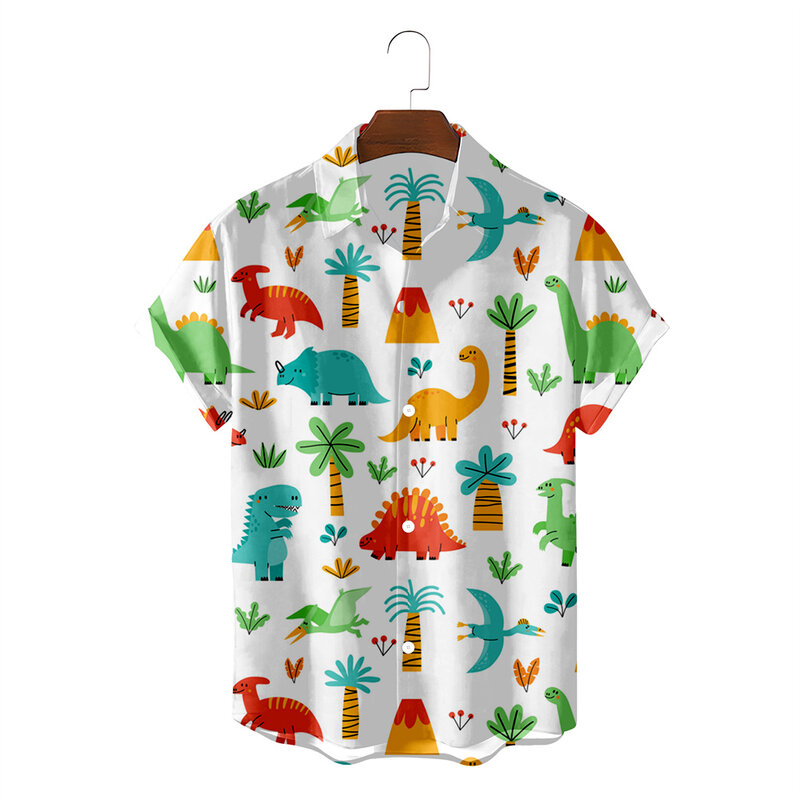 Men's Hawaiian Simple Shirt Cute Cartoon Dinosaur Print Lapel Oversized Casual Clothing Short Sleeve Fashion Animals Blouse
