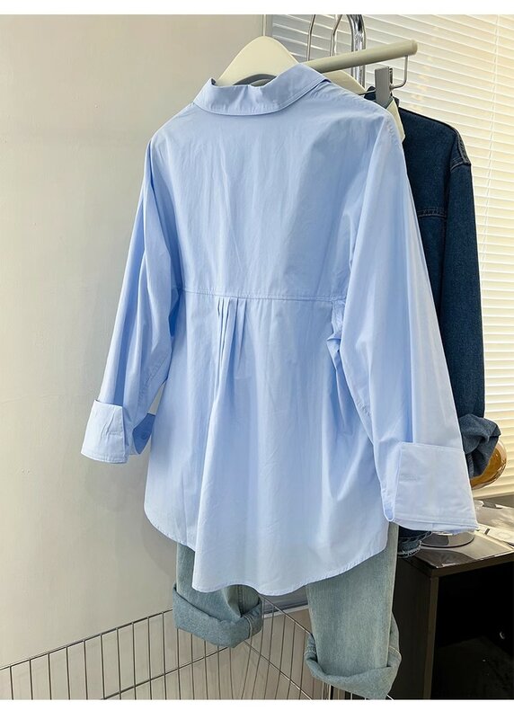 Frauen Blusen elegante Streetwear Büro lässig lose Knopf oben weiß blau Langarm Vintage Overs ize Shirt Tops