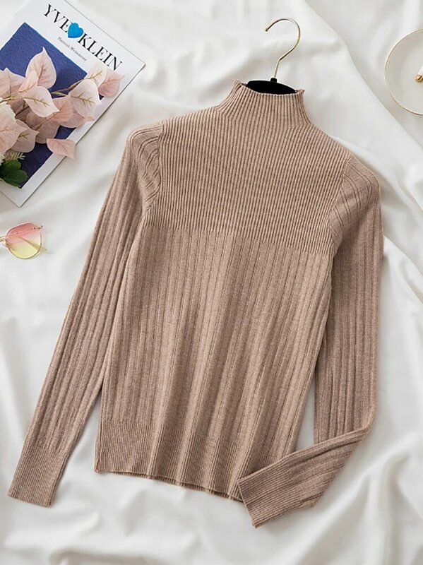 Pullover Turtleneck Sweater wanita, atasan Jumper warna polos sederhana Korea elastis ramping lengan panjang musim gugur 2024