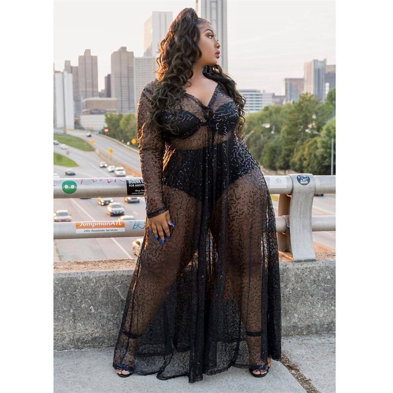 Large Black Perspective Lace Party Dress Sexy V-neck Mesh Long Sleeves Shining Bead Piece Long Style Large Display Beach Robe