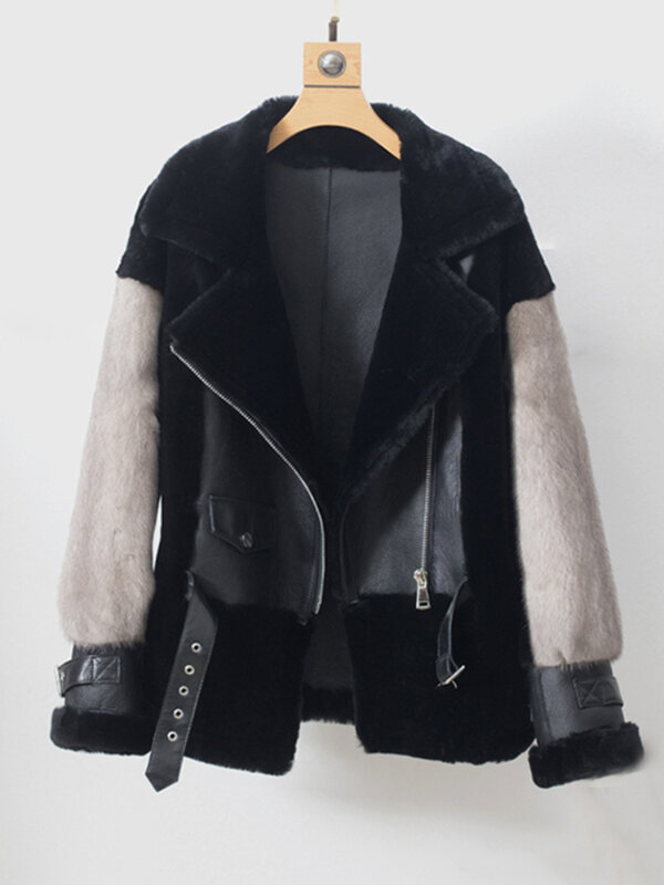 MENINA BONITA 2023 Sheepskin Coat For Women Real Sheep Fur Jackets Merino Fur With Real Mink Fur Sleeve Motorcycle Female Winter