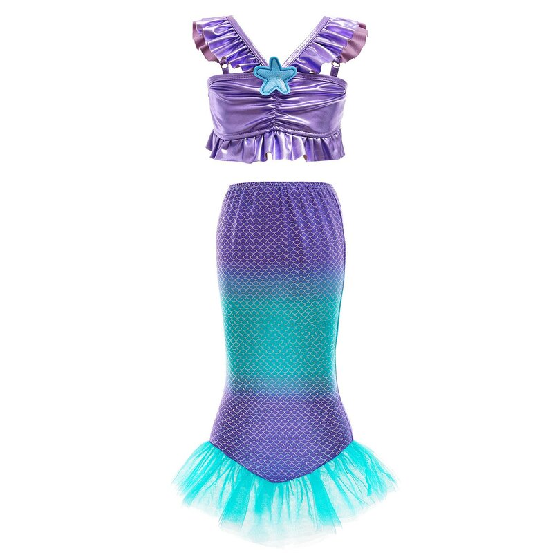 Set dua potong gaun Princess putri duyung kecil, kostum Cosplay putri Ariel, karnaval, ulang tahun, warna ungu, dua potong