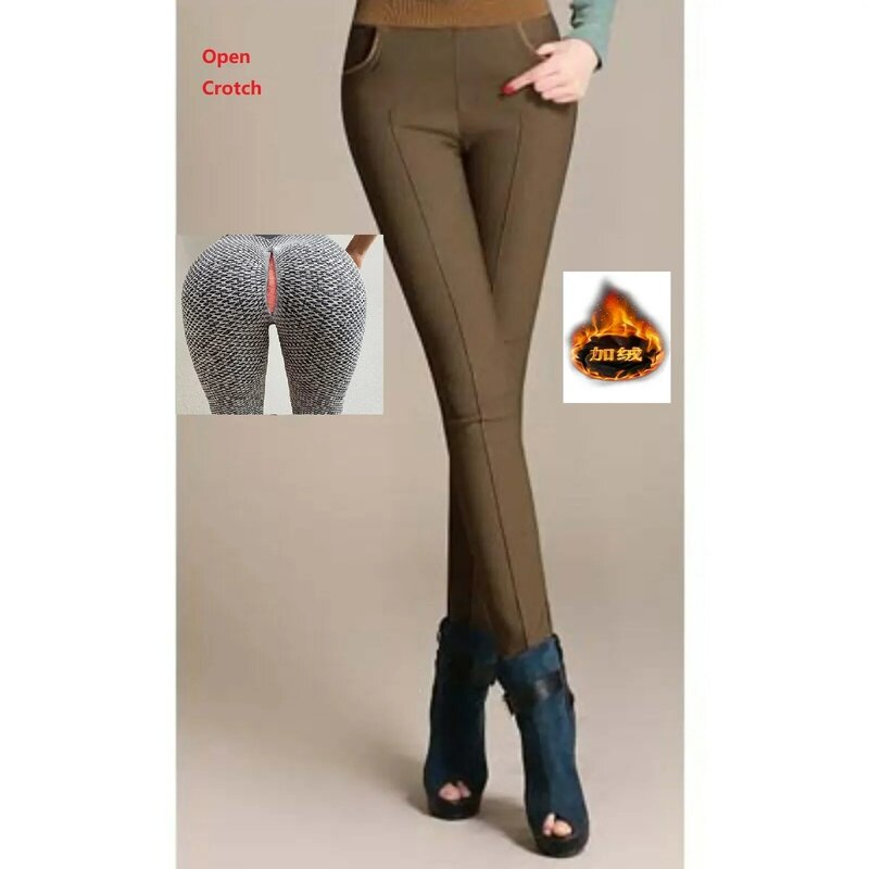 Open Crotch Autumn and Winter Fleece-Lined Thick Leggings Women's Outer Wear Slim Fit Slimming Tappered Pencil Pants Korean