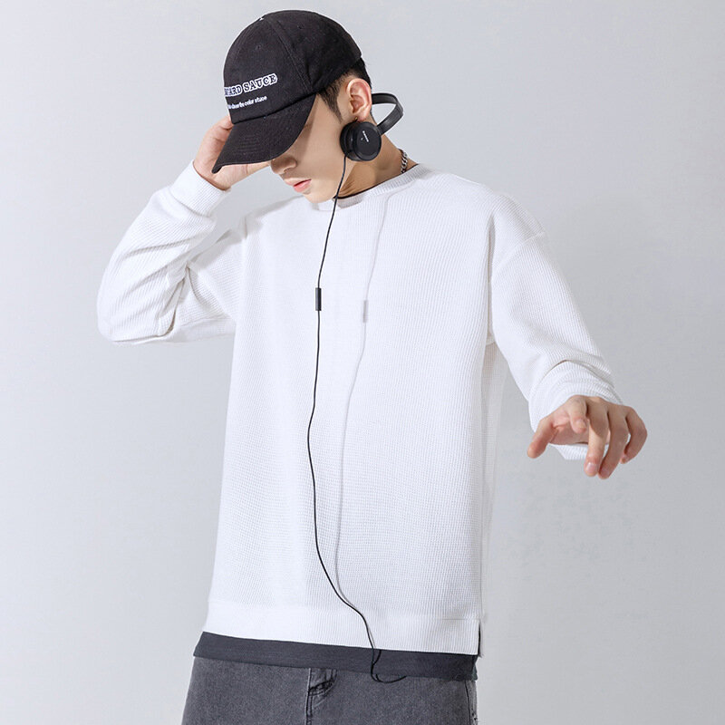 MRMT 2024 Brand New Solid Color Sweater Men's Loose Fashion Brand Fake Two-Piece Splicing Light Board Clothes Tops For Male