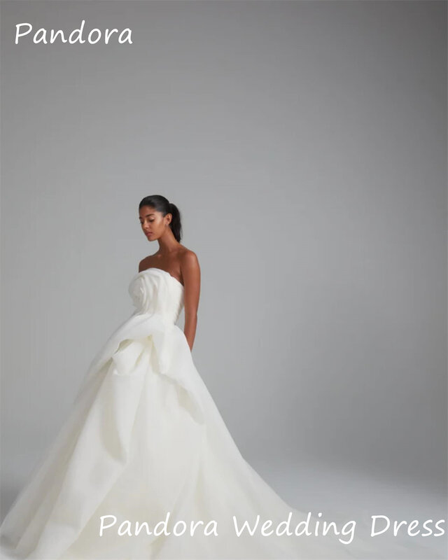 Pandora Organza A-line gaun pengantin tanpa tali Ruffle sederhana gading gaun panjang lantai elegan Formal untuk wanita 2024