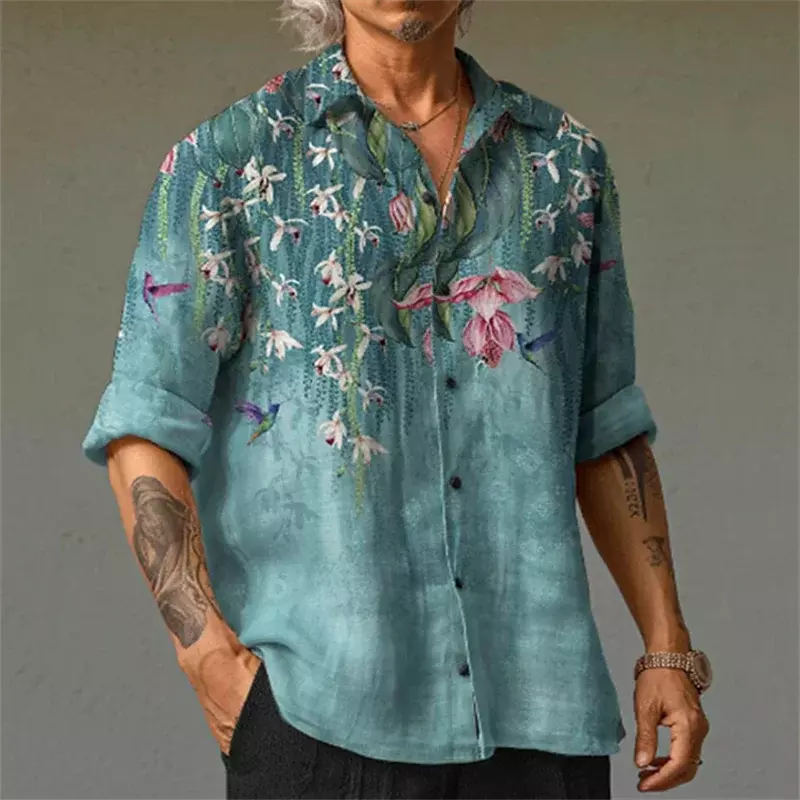 Рубашка мужская уличная с цветочным принтом, модная эластичная мягкая удобная сорочка в стиле ретро, Повседневная Уличная одежда, 2024